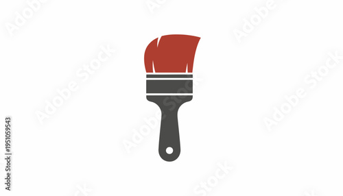 Paint Brush Icon - Red Bristles and Dark Grey Handle, Isolated on White Background