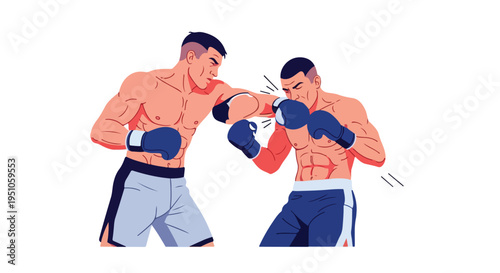 Illustration of two shirtless boxers in fighting stance with fists clashing, wearing boxing gloves and shorts on a white background with motion lines.
