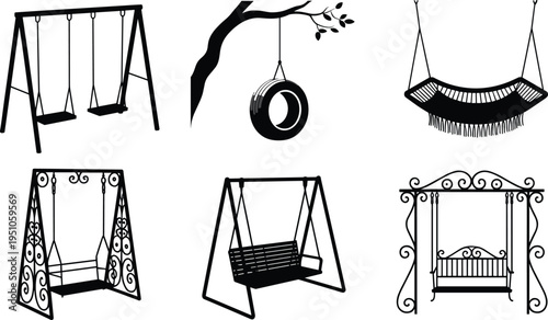 Garden swing silhouettes set, playground swings, hammock and tire swing hanging on tree, outdoor relaxation furniture vector collection for park and backyard design