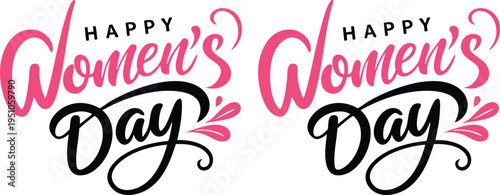 Happy Womens Day calligraphy design pink and black lettering for celebration and greeting cards isolated on white background