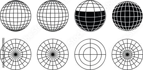 Globe grid wireframe spheres set, latitude longitude world grid icons, spherical coordinate lines vector collection for geography, technology and global network design