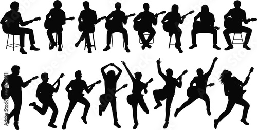 Guitar player silhouettes collection performing rock music, musicians sitting and jumping with electric guitars, band performance poses vector illustration set
