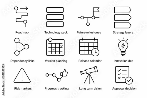 Technology Roadmap Icons. Technology roadmap planning. Line outline icon set of Technology roadmap planning: