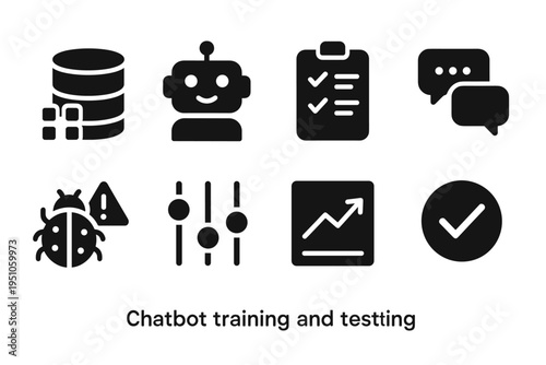 Chatbot Testing Icons. Chatbot training and testing. Filled icon set of Chatbot training and testing: training