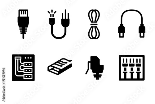 Data Center Cabling Icons. Data center cabling. Filled icon set of Data center cabling: ethernet cable, fiber