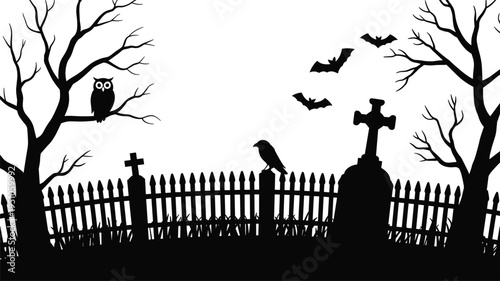 Haunted graveyard silhouette with bats, owl and crow on fence, spooky cemetery scene, Halloween night vector illustration with dead trees and tombstones
