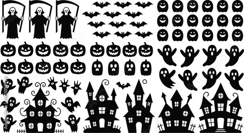 Halloween silhouettes collection, ghosts bats pumpkins grim reaper and haunted houses set, spooky holiday icons vector pack for decoration design