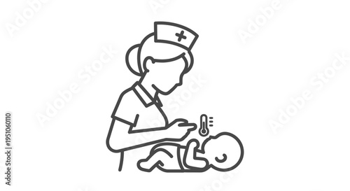 Nurse checking baby's temperature with thermometer, medical care icon