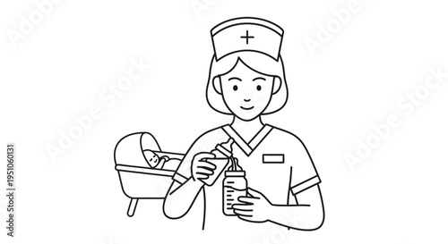 Nurse feeding baby with bottle in nursery, healthcare, caring, medical, illustration