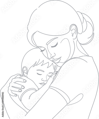 A beautiful minimalist line art illustration depicts a tender moment between a loving mother and her sleeping child, showcasing deep affection, maternal bond, and peaceful closeness in a warm embrace.