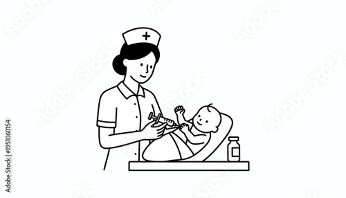 Nurse giving injection to baby, medical vaccination, healthcare concept, line art illustration