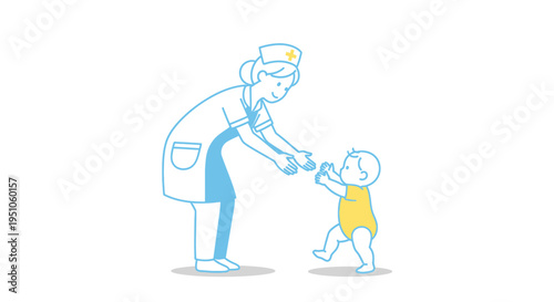 Nurse helping baby take first steps, medical care, childhood development, healthcare support