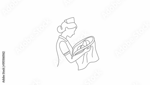 Nurse holding a newborn baby in a blanket, minimalist line art illustration