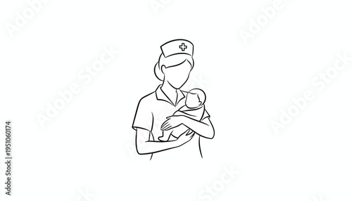 Nurse holding a newborn baby in her arms, line art illustration