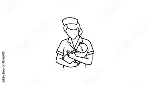 Nurse holding a newborn baby in her arms, line art illustration