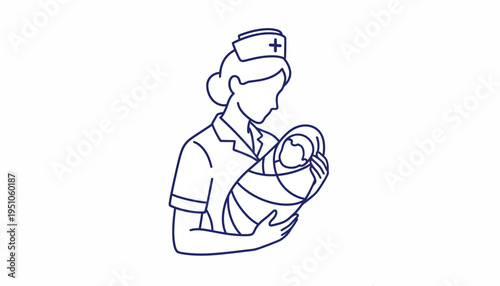 Nurse holding a newborn baby in her arms, medical care, maternity, healthcare icon, line art