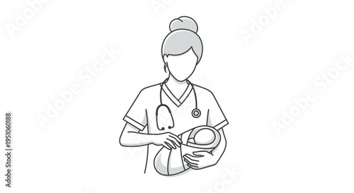 Nurse holding a newborn baby, medical care, healthcare professional, maternity, childcare, illustration