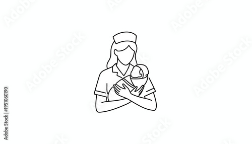 Nurse holding a newborn baby, line art illustration, healthcare, medical care, maternity, new life