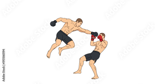 Two shirtless men boxing with black shorts and gloves on a plain white background.
