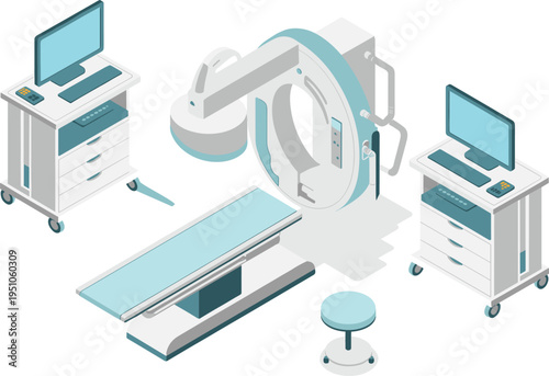 Isometric medical CT scanner machine with patient table, hospital radiology equipment, diagnostic imaging device, modern healthcare technology vector illustration