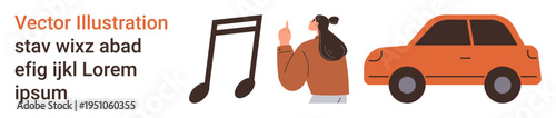 Art, design, creativity, education, transportation, communication. A musical note, a person gesturing and an orange car are . Art and communication concept