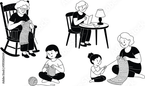 Knitting and reading family activities illustration, grandmother and children knitting wool scarf and reading book, cozy home hobby vector set