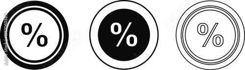 Minimal percentage icon set, discount percent symbol badges, circle outline and solid percent signs, sale marketing label flat vector illustration