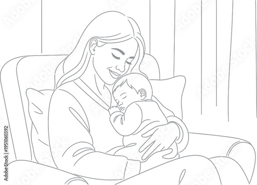 A loving mother gently cradles her peacefully sleeping newborn baby in her arms, illustrating the tender bond and comfort shared between them in a serene moment of maternal care.