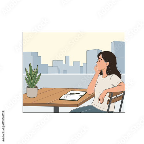 Woman sitting at wooden table with plant and notebook looking out window at cityscape
