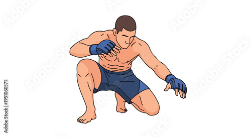 Illustration of a muscular man in fighting stance with blue gloves and shorts on a white background.