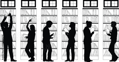 Library readers silhouette set, people reading books in bookshelf aisle, students studying in library, education concept vector, knowledge learning lifestyle illustration