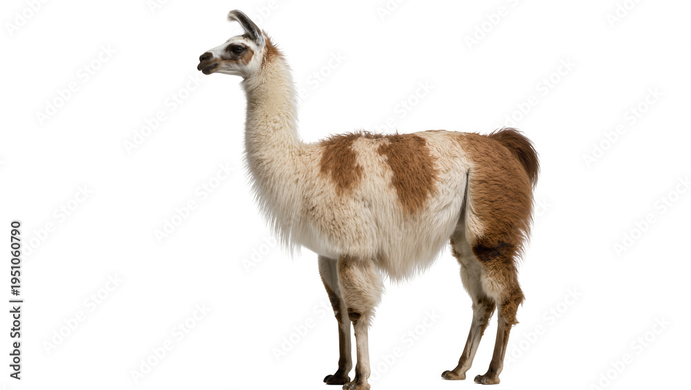 Fototapeta premium Majestic brown and white llama standing in profile, isolated on a transparent background, a beautiful South American animal PNG