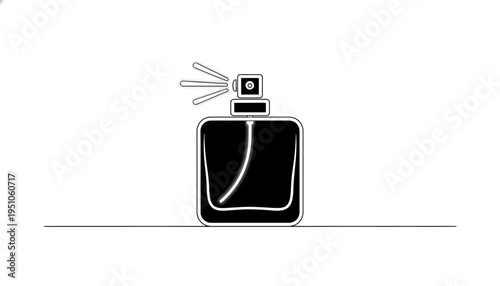 Minimalist Perfume Bottle Icon with Spray Mist, Black and White Line Art