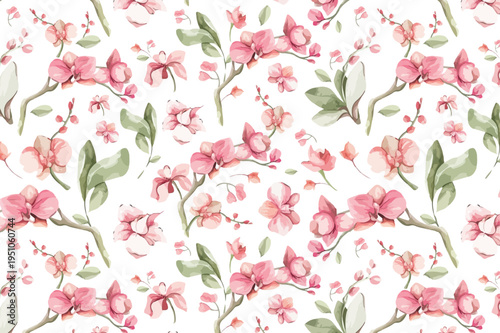 Seamless Watercolor Orchid Floral Pattern with Pink Flowers and Green Leaves