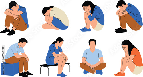 People sitting in sad and depressed poses illustration set, mental health struggle, anxiety stress and loneliness concept vector character collection
