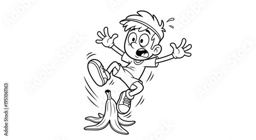 funny cartoon boy slipping on banana peel