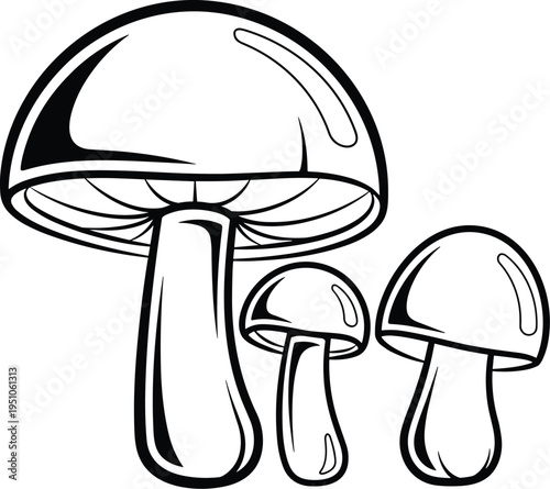 Mushroom family line art illustration, edible fungi icon set, forest toadstool nature symbol, hand drawn botanical element design