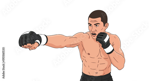 Illustration of a muscular man wearing boxing gloves throwing a punch against a plain white background with a focused expression.