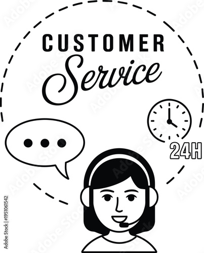 Customer service support concept with headset operator, chat bubble and 24 hour clock icon, call center assistance and online help desk communication vector illustration
