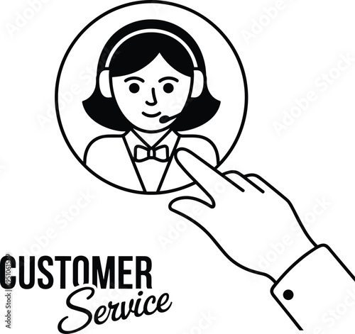 Customer service support icon with headset operator and hand pointer clicking interface, call center assistance concept, business communication help desk symbol vector illustration