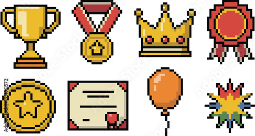 Pixel art achievement icons set with trophy, medal, crown, badge, coin, certificate, balloon and reward symbols, retro 8 bit game vector illustration