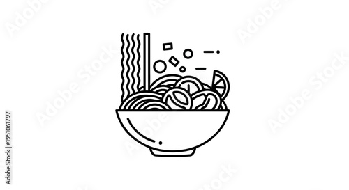 Minimalist Line Art Icon of Ramen Noodles Bowl with Ingredients Falling