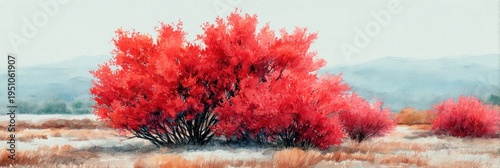 Vibrant Red Desert Shrub - A Burst of Color in Arid Landscape.