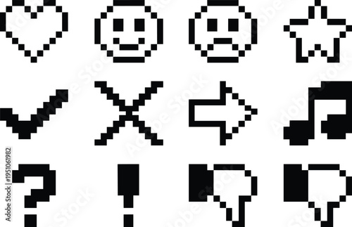 Pixel reaction and interface icons set vector illustration, retro symbols including heart smile sad star check cross arrow music like dislike