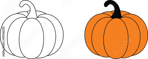 Pumpkin outline and colored icon vector illustration, autumn harvest vegetable symbol, Halloween pumpkin design, seasonal food graphic, farm crop element isolated