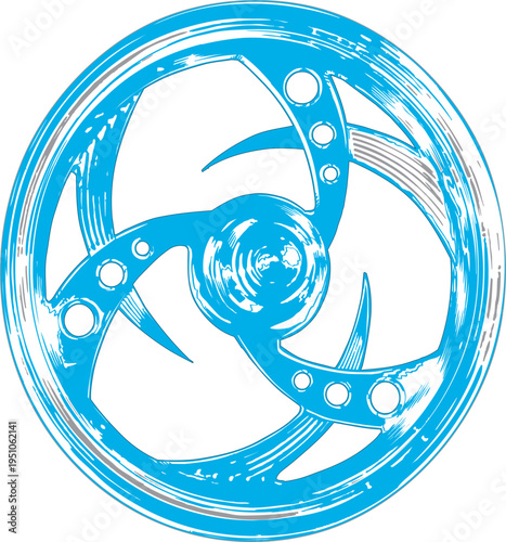 Blue Custom Alloy Wheel Rim Illustration , A stylized, comic-book-inspired illustration of a custom car wheel rim. The design features a vibrant blue color with sharp, blade-like spokes
