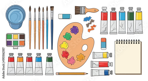 Colorful art supplies on table.