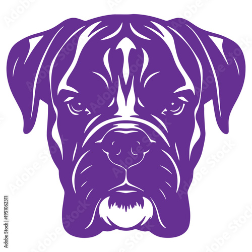 A striking purple silhouette vector illustration of a boxer dogs face featuring bold outlines and negative space detailing its expressive eyes nose and jowls isolated on a clean background