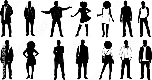 Vector silhouettes man and women, illustration. Silhouettes of young people posing in casual clothes. Transparent background EPS version.