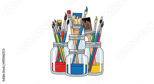 Colorful Paint Brushes in Glass Jars.